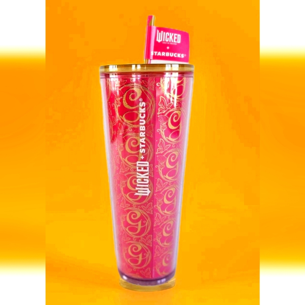 Starbucks, WICKED, Pink glitter & Gold "G" Script overlay/fun Triclor Straw 24oz